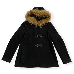 Tommy Hilfiger Wool Toggle Walker Coat Faux Fur Trim Hood Black Womens XS